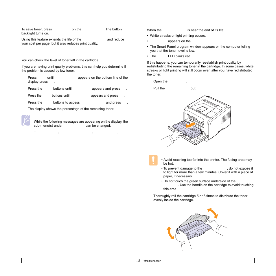 Checking the remaining toner, Redistributing toner cartridge | Samsung ML-3470D User Manual | Page 40 / 103