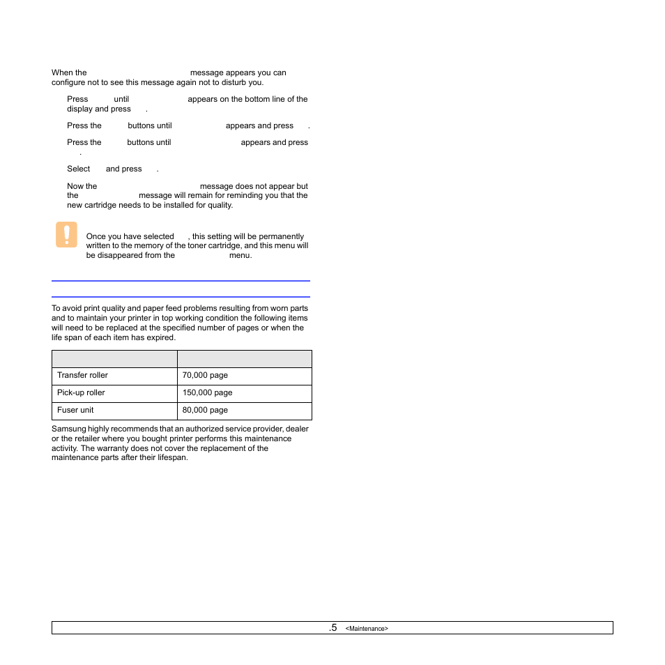 Clearing the toner low replace toner message, Maintenance parts | Samsung ML-3470D User Manual | Page 42 / 103