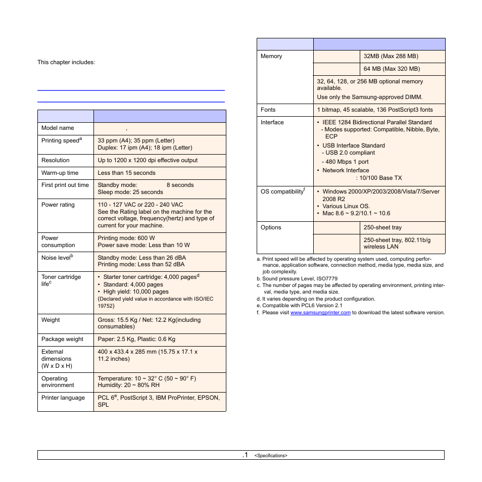 Specifications, Printer specifications | Samsung ML-3470D User Manual | Page 61 / 103
