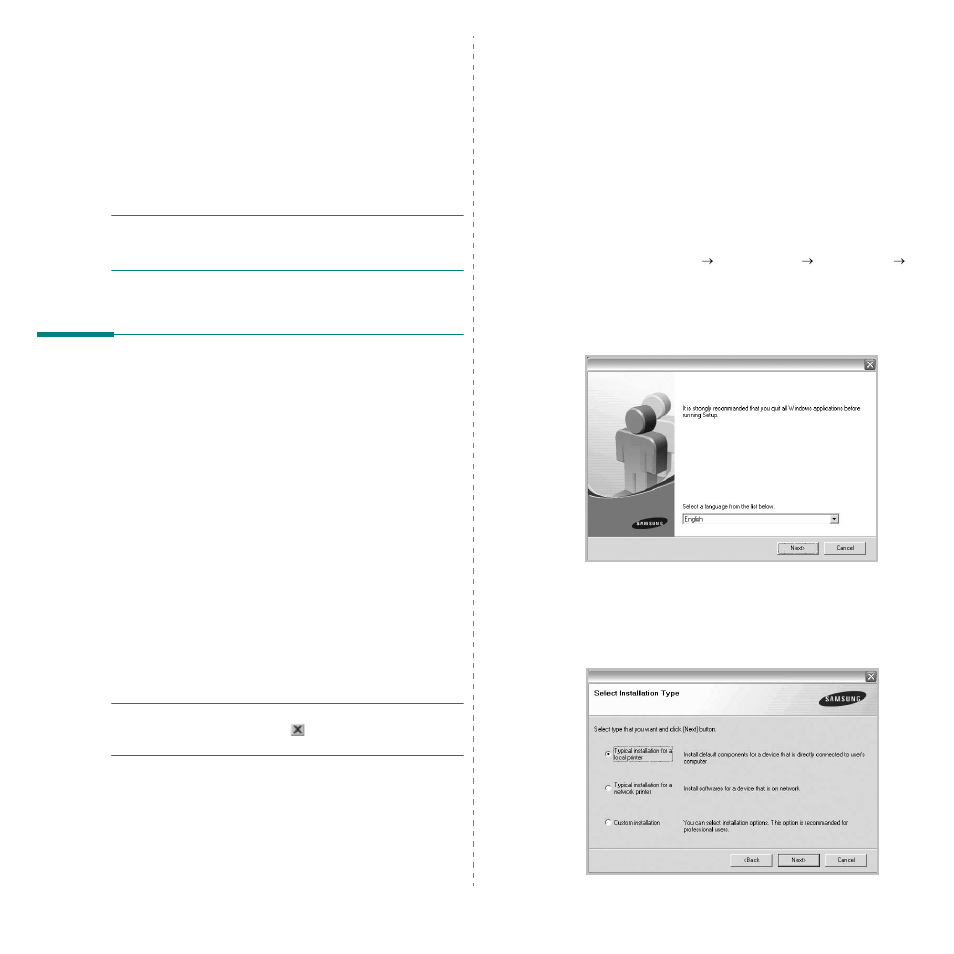 Installing printer software in windows, Installing printer software, Installing software for local printing | Chapter 1 | Samsung ML-3470D User Manual | Page 68 / 103