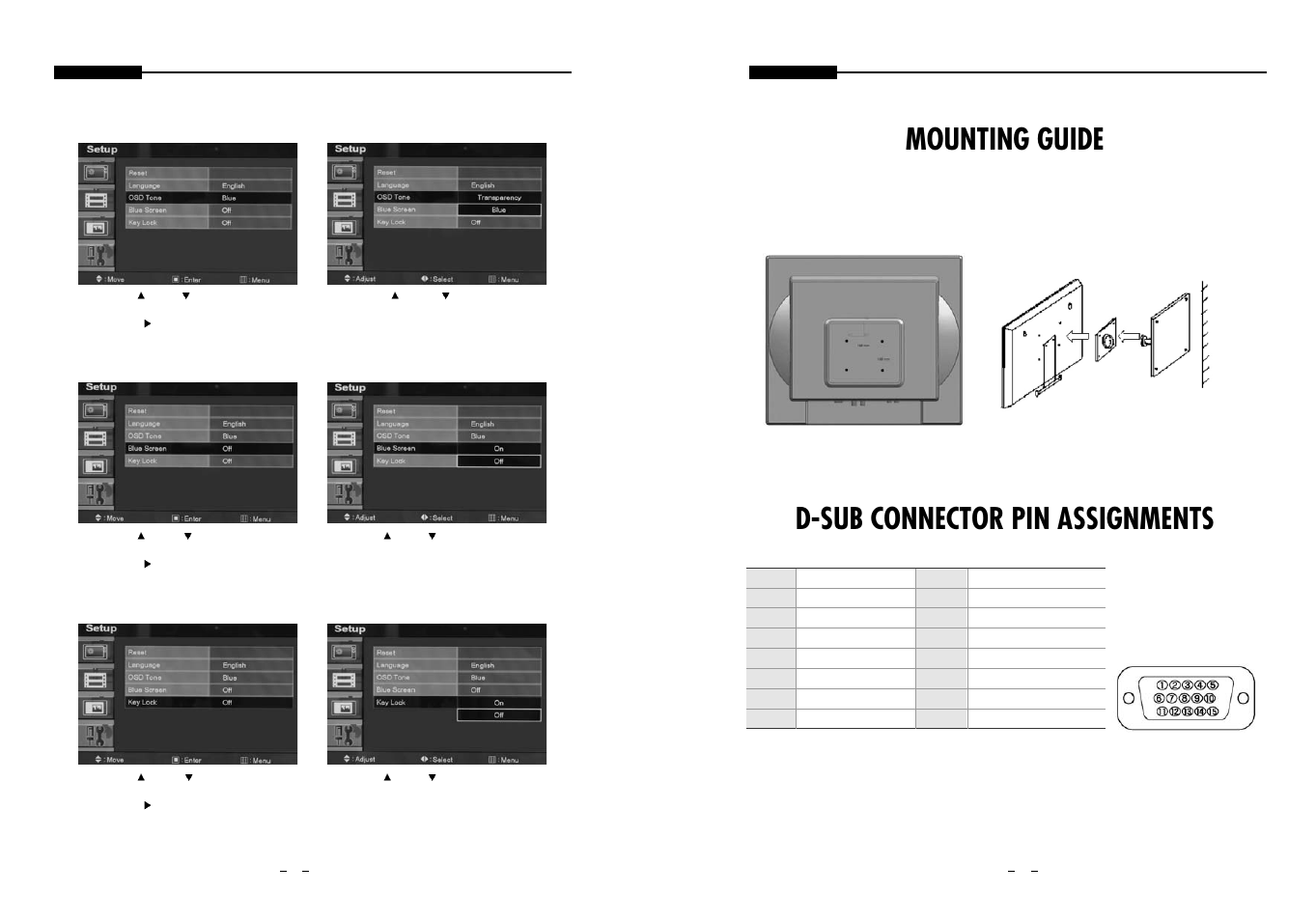 Mounting guide, D-sub connector pin assignments | Samsung STM-19LA/17LA User Manual | Page 7 / 8