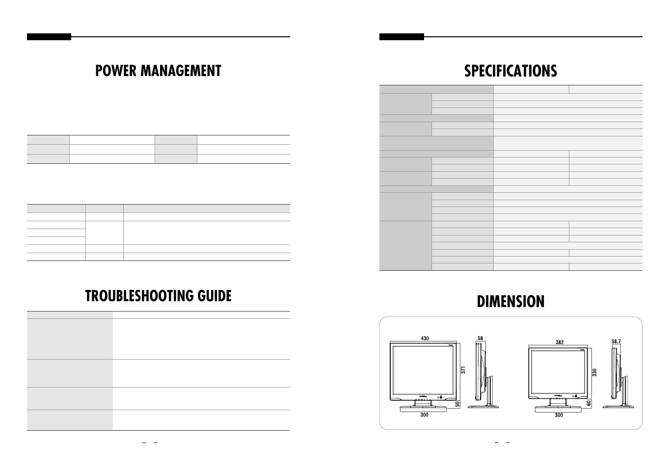 Specifications dimension, Troubleshooting guide, Power management | Samsung STM-19LA/17LA User Manual | Page 8 / 8