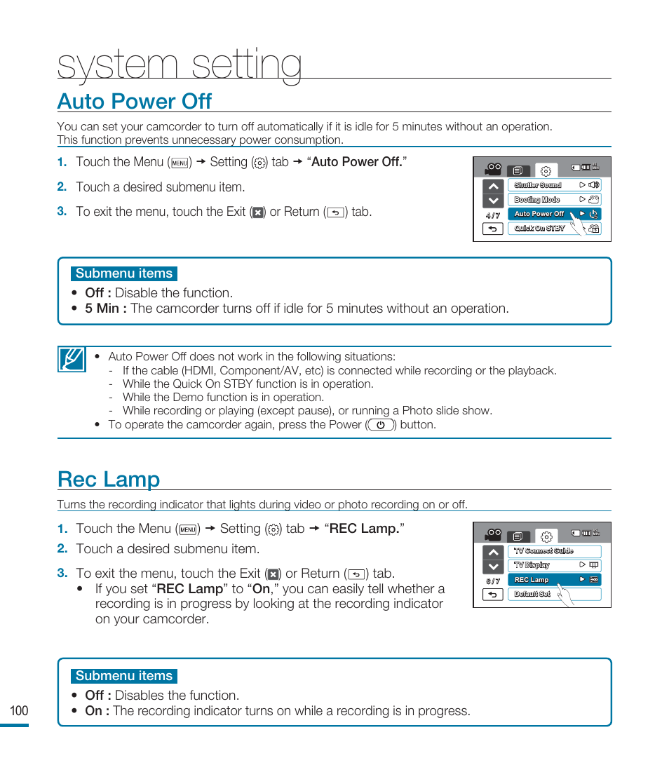Auto power off, Rec lamp, System setting | Samsung HMX-M20N User Manual | Page 104 / 147