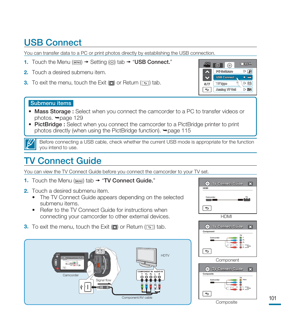 Usb connect, Tv connect guide, Touch the menu ( ) setting ( ) tab “ usb connect | Touch a desired submenu item, Touch the menu ( ) tab “ tv connect guide | Samsung HMX-M20N User Manual | Page 105 / 147