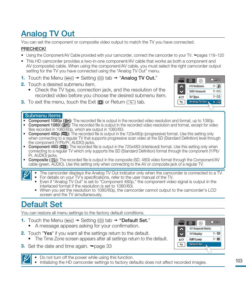 Analog tv out, Default set, Set the date and time again. page 33 | Submenu items | Samsung HMX-M20N User Manual | Page 107 / 147