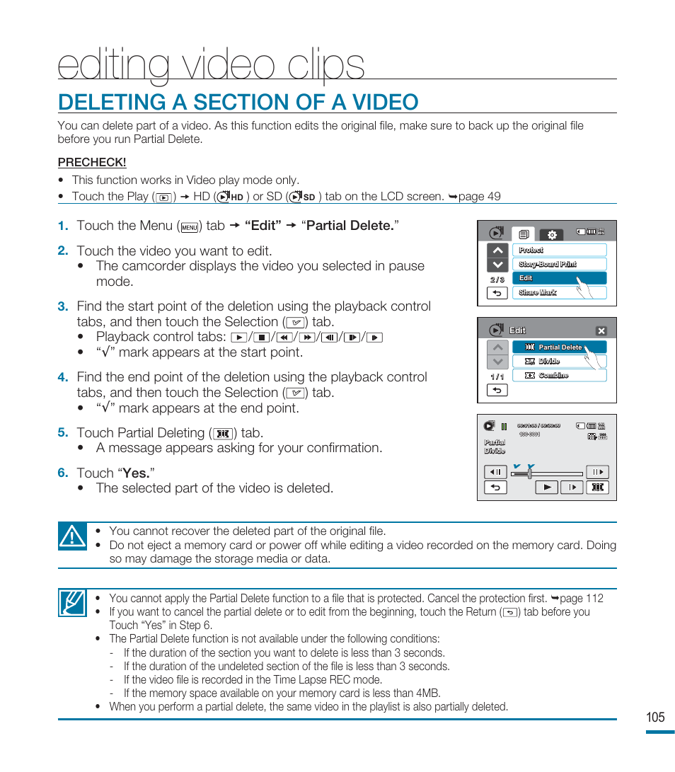 Editing video clips, Deleting a section of a video | Samsung HMX-M20N User Manual | Page 109 / 147