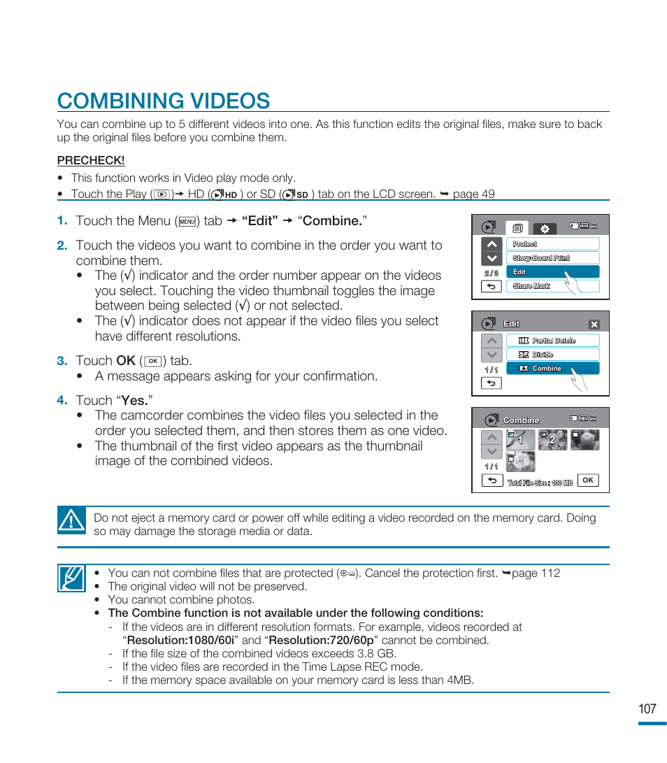 Combining videos, Touch the menu ( ) tab “edit” “ combine, Touch ok | Samsung HMX-M20N User Manual | Page 111 / 147