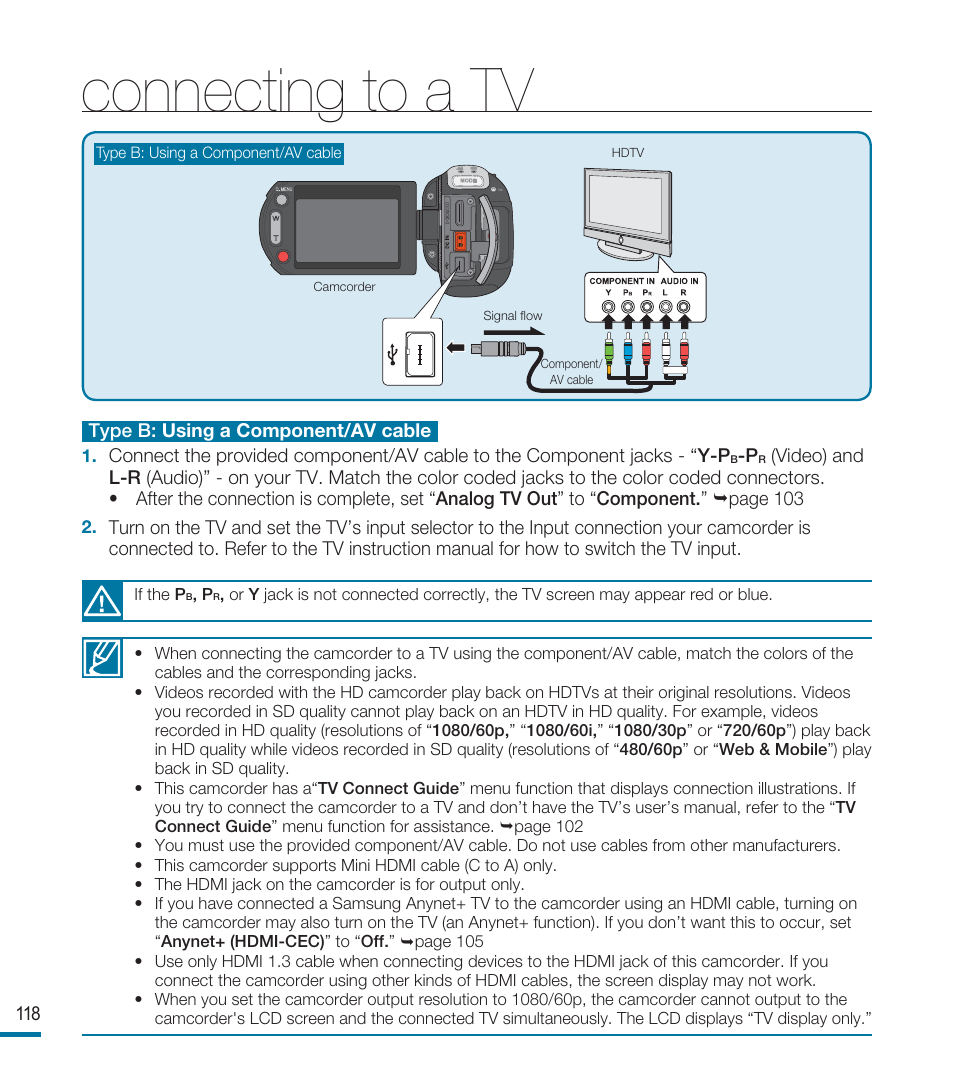 Connecting to a tv | Samsung HMX-M20N User Manual | Page 122 / 147