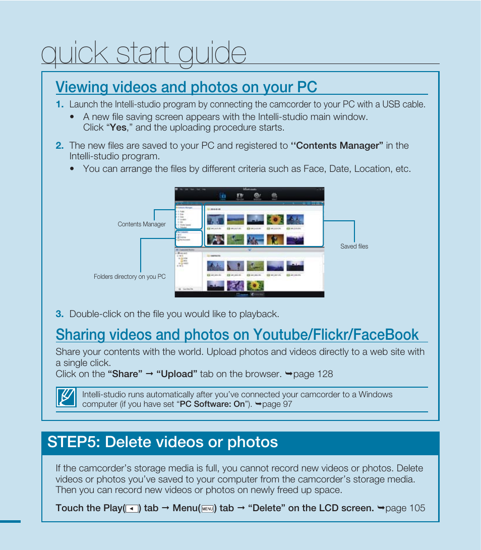 Quick start guide, Step5: delete videos or photos, Viewing videos and photos on your pc | Samsung HMX-M20N User Manual | Page 20 / 147