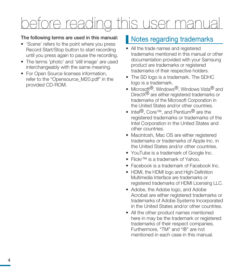 Before reading this user manual | Samsung HMX-M20N User Manual | Page 4 / 147