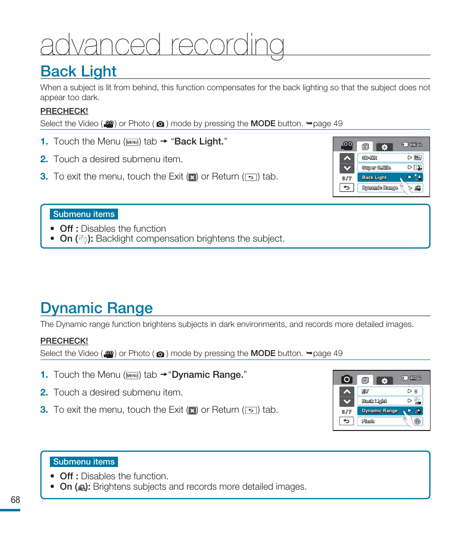 Back light, Dynamic range, Advanced recording | Samsung HMX-M20N User Manual | Page 72 / 147
