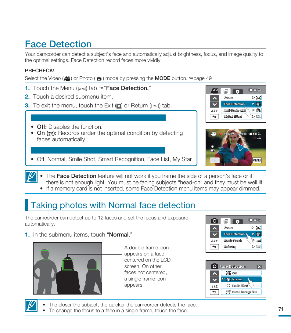 Face detection, Taking photos with normal face detection | Samsung HMX-M20N User Manual | Page 75 / 147