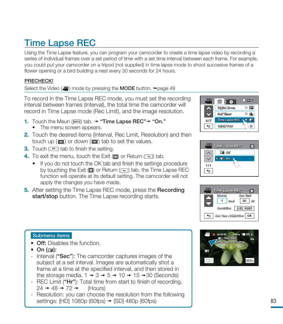 Time lapse rec | Samsung HMX-M20N User Manual | Page 87 / 147