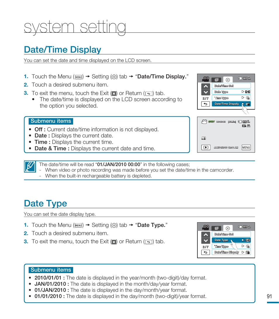 System setting, Date/time display, Date type | Samsung HMX-M20N User Manual | Page 95 / 147