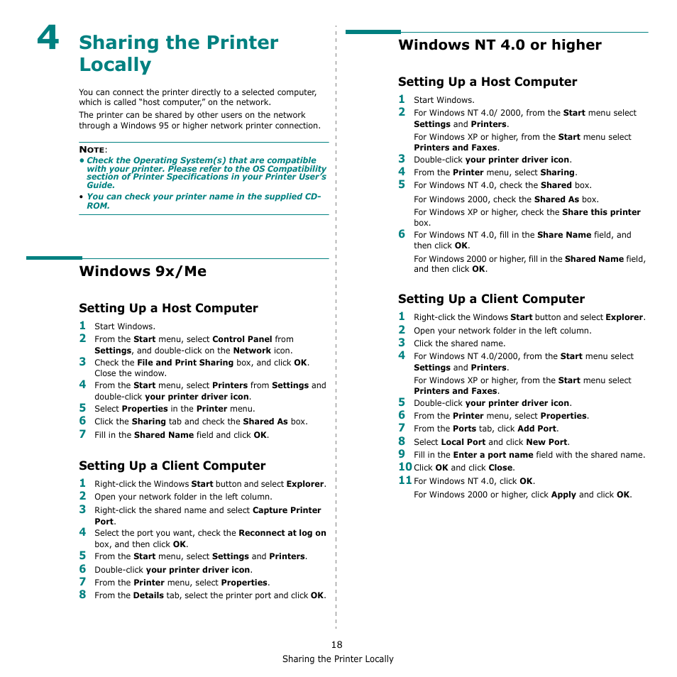 4 sharing the printer locally, Windows 9x/me, Setting up a host computer | Setting up a client computer, Windows nt 4.0 or higher, Chapter 4, Haring, Rinter, Ocally, Sharing the printer locally | Samsung ML-1615 User Manual | Page 101 / 110