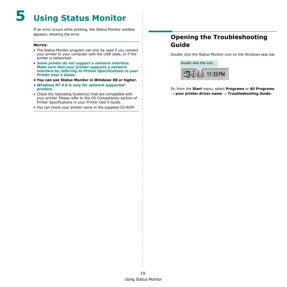 5 using status monitor, Opening the troubleshooting guide, Chapter 5 | Sing, Tatus, Onitor, Using status monitor | Samsung ML-1615 User Manual | Page 102 / 110