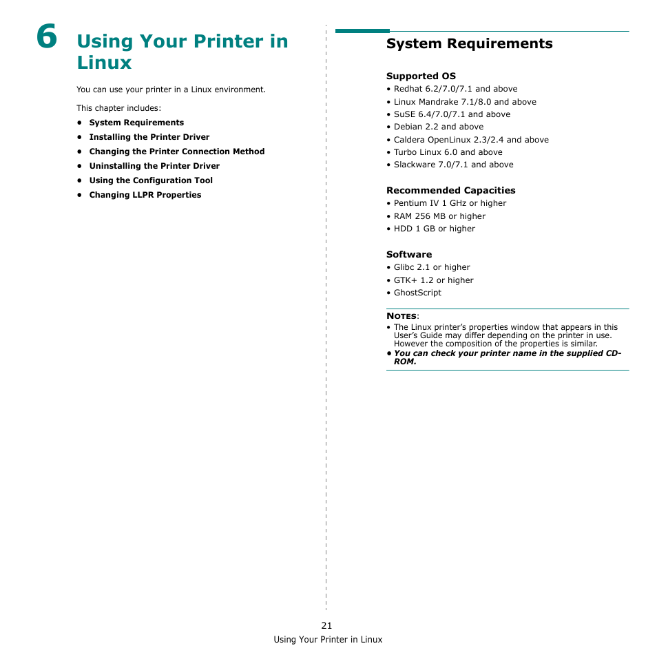 6 using your printer in linux, System requirements, Chapter 6 | Sing, Rinter, Inux, Using your printer in linux | Samsung ML-1615 User Manual | Page 104 / 110