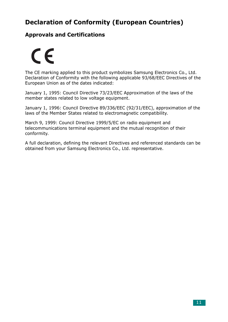 Declaration of conformity (european countries), Approvals and certifications | Samsung ML-1615 User Manual | Page 12 / 110