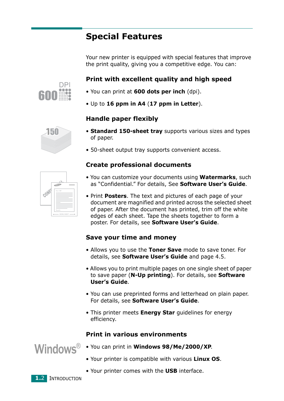 Special features | Samsung ML-1615 User Manual | Page 15 / 110