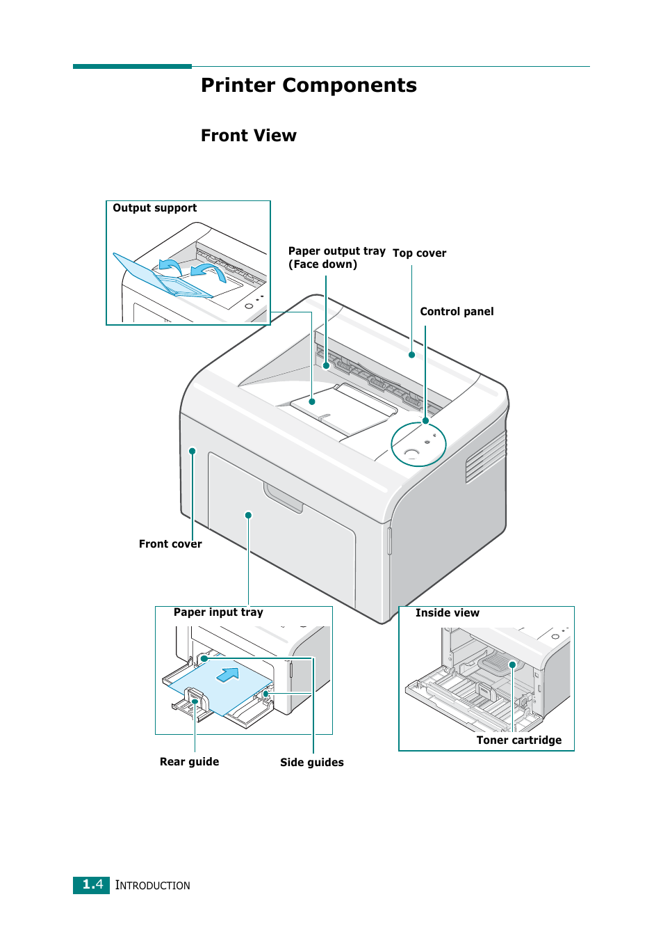 Printer components, Front view | Samsung ML-1615 User Manual | Page 17 / 110