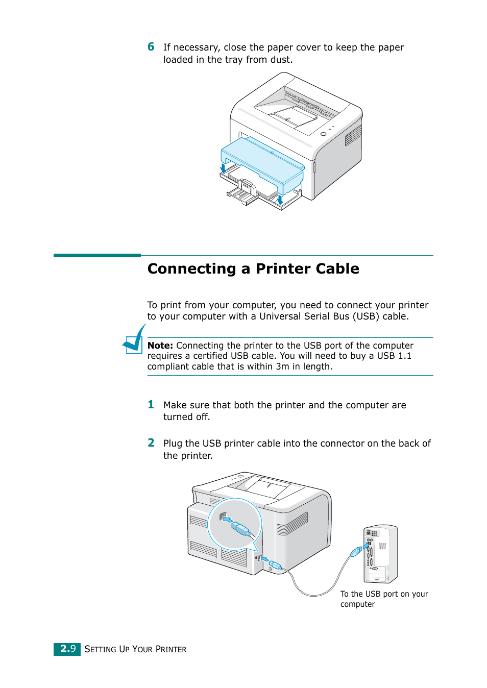 Connecting a printer cable | Samsung ML-1615 User Manual | Page 29 / 110