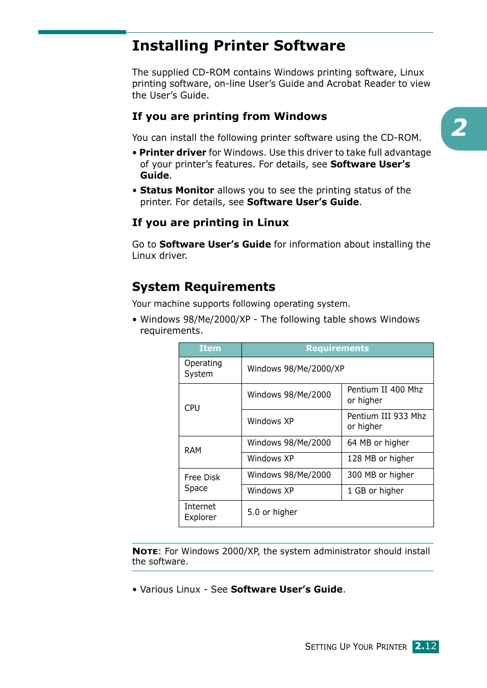 Installing printer software, System requirements | Samsung ML-1615 User Manual | Page 32 / 110