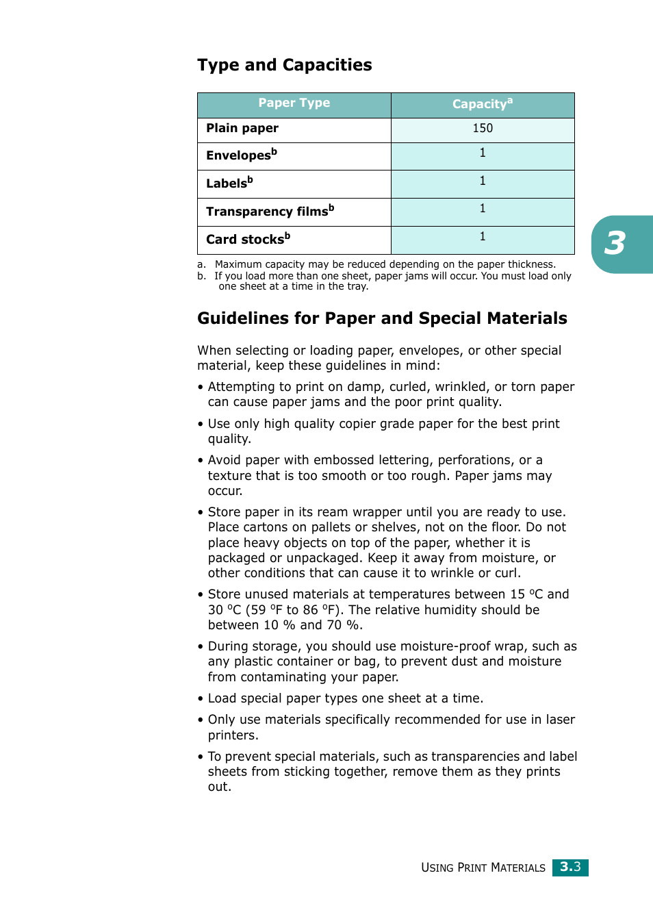 Type and capacities, Guidelines for paper and special materials | Samsung ML-1615 User Manual | Page 36 / 110