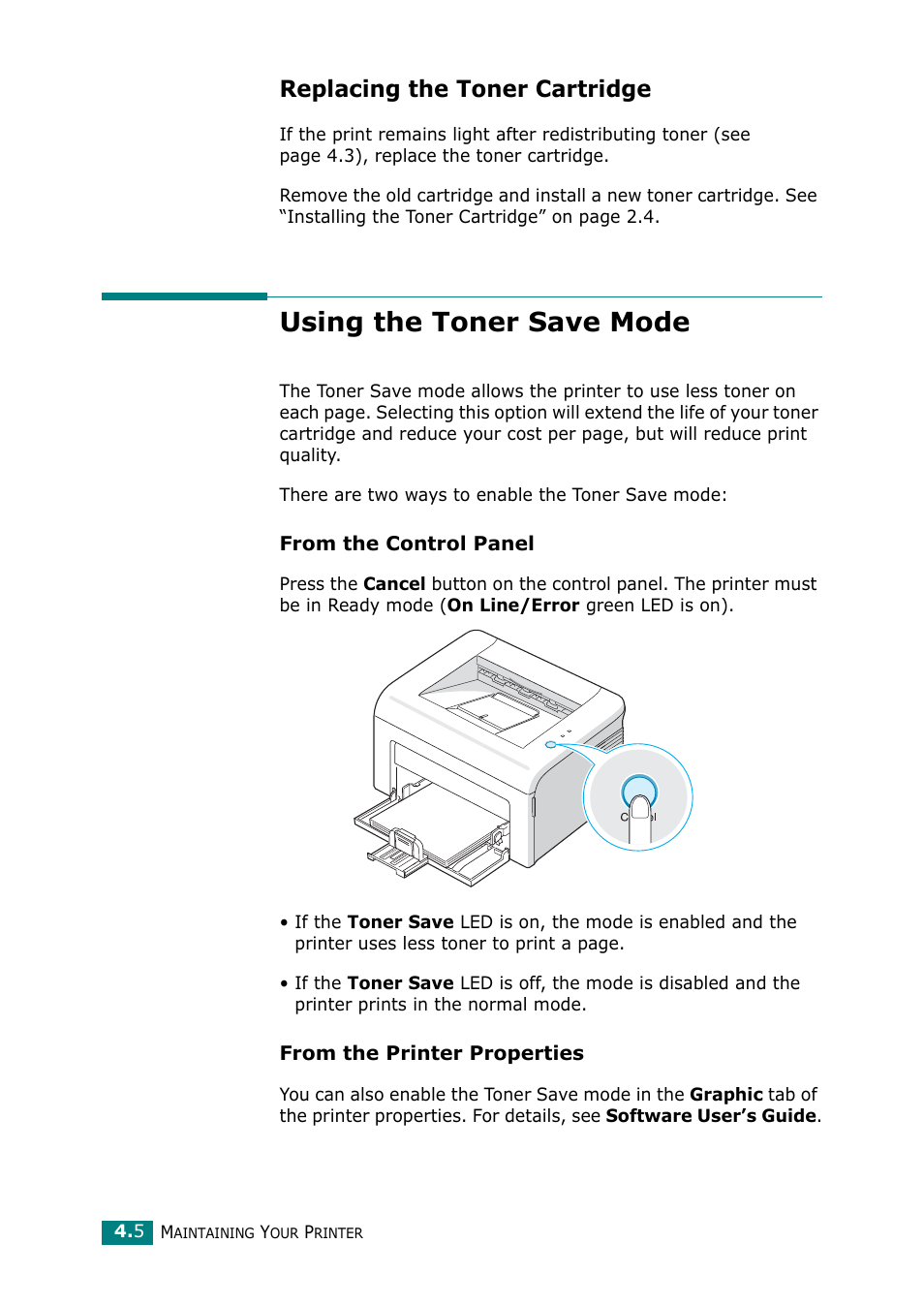 Replacing the toner cartridge, Using the toner save mode | Samsung ML-1615 User Manual | Page 49 / 110