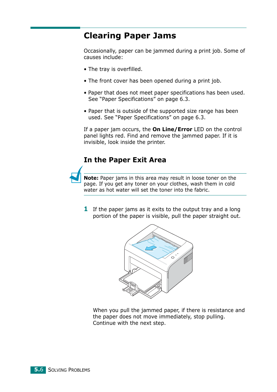 Clearing paper jams, In the paper exit area, Go to “clearing paper | Clearing | Samsung ML-1615 User Manual | Page 59 / 110