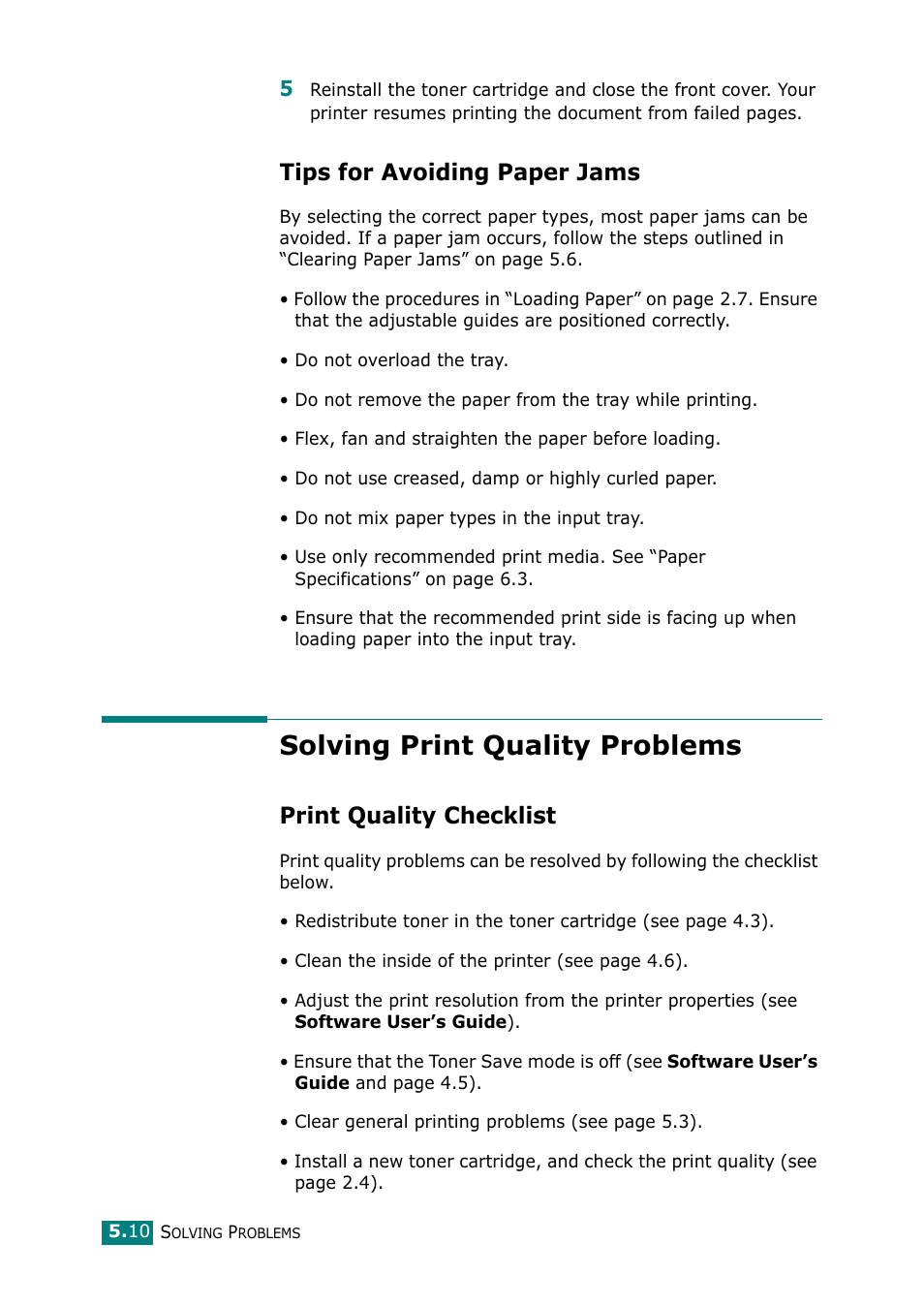 Tips for avoiding paper jams, Solving print quality problems, Print quality checklist | To “solving print | Samsung ML-1615 User Manual | Page 63 / 110