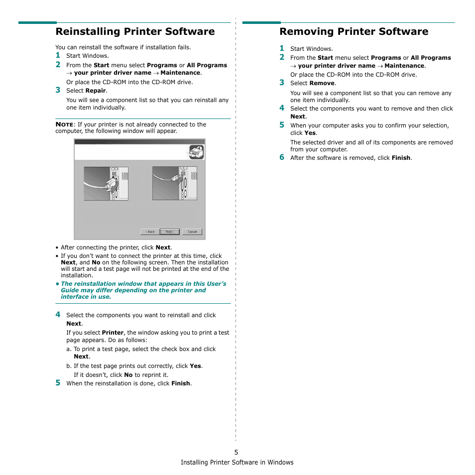 Reinstalling printer software, Removing printer software | Samsung ML-1615 User Manual | Page 88 / 110