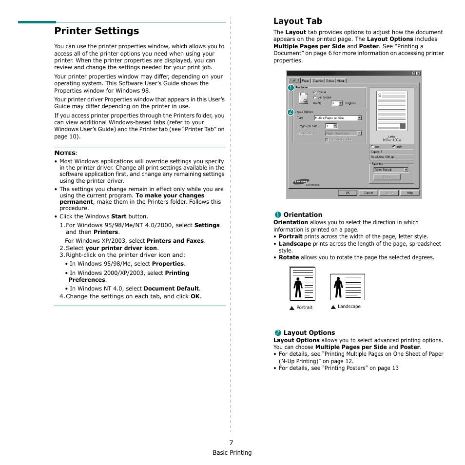 Printer settings, Layout tab | Samsung ML-1615 User Manual | Page 90 / 110