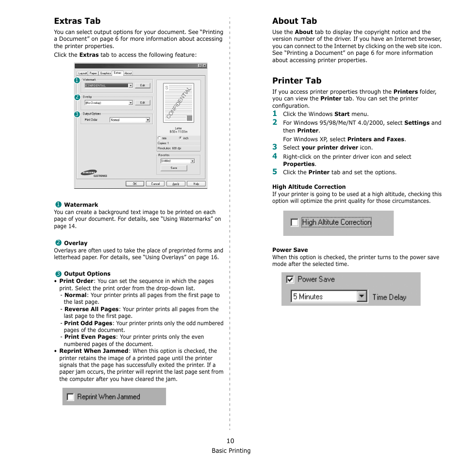 Extras tab, About tab, Printer tab | Extras tab about tab printer tab, Extras tab - about tab - printer tab | Samsung ML-1615 User Manual | Page 93 / 110