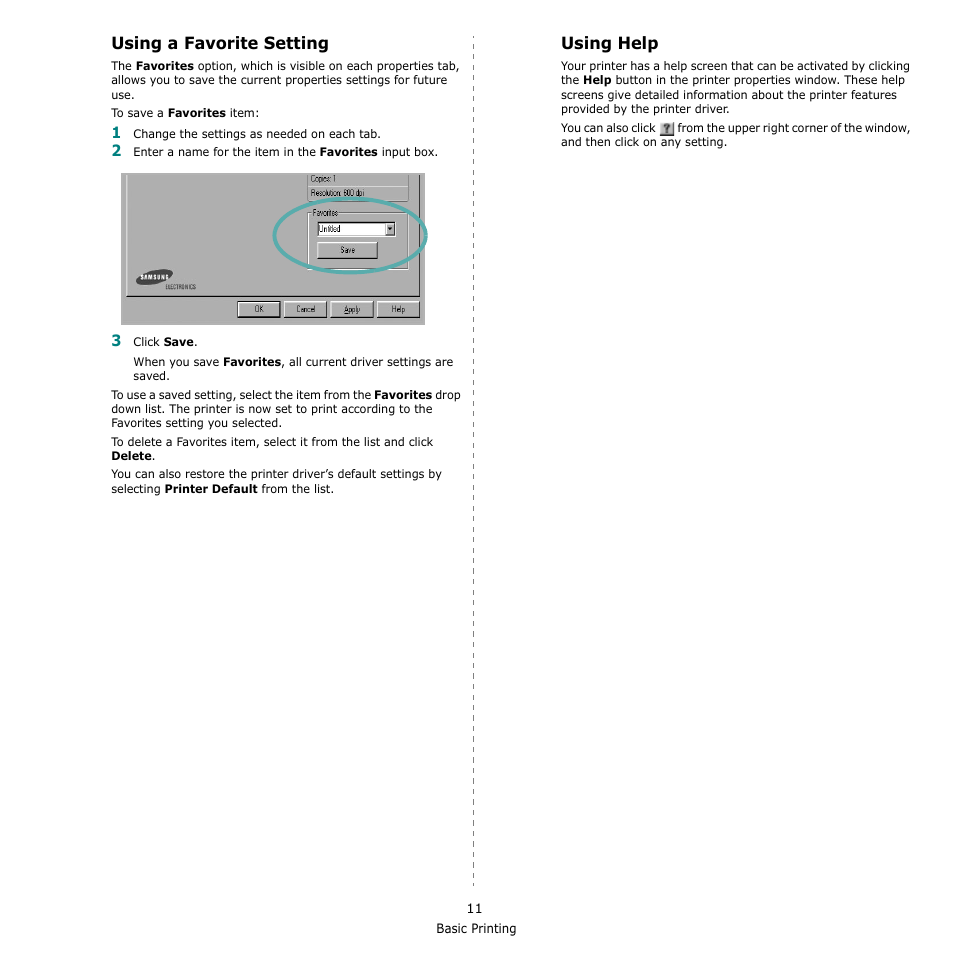 Using a favorite setting, Using help, Using a favorite setting using help | Using a favorite setting - using help | Samsung ML-1615 User Manual | Page 94 / 110