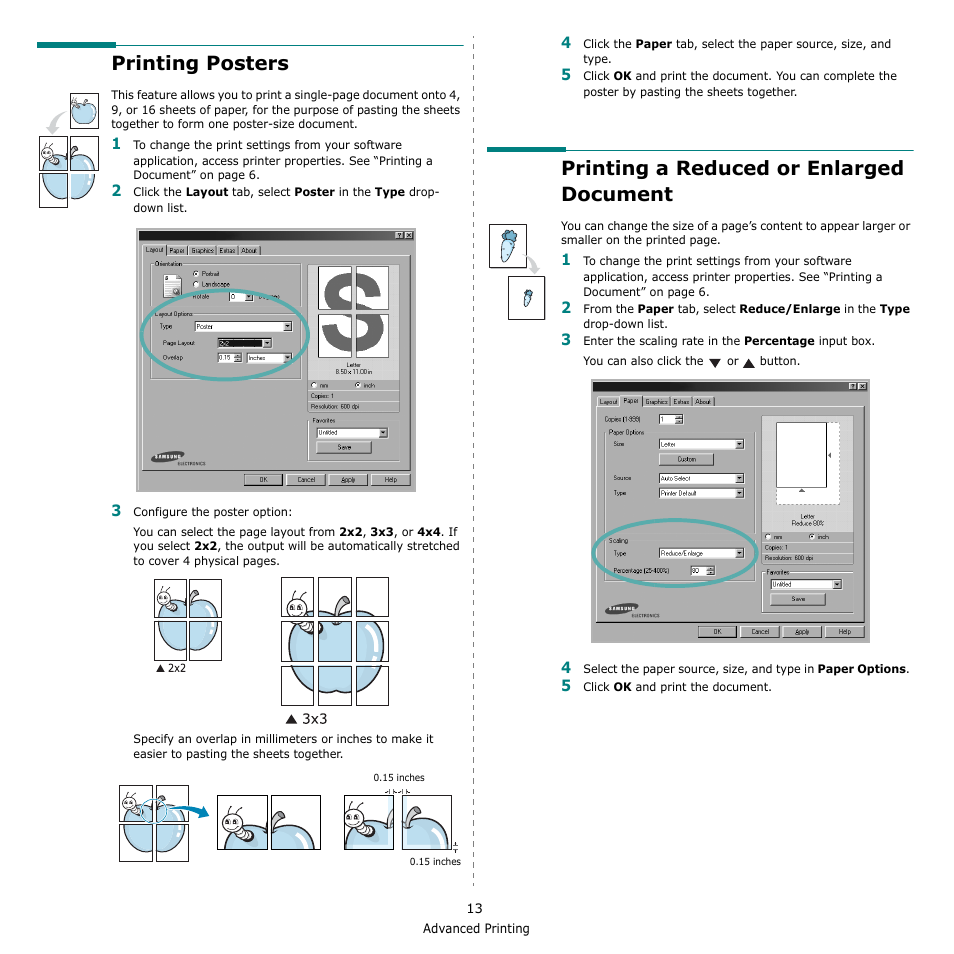 Printing posters, Printing a reduced or enlarged document, E “printing a reduced or enlarged document” on | Samsung ML-1615 User Manual | Page 96 / 110