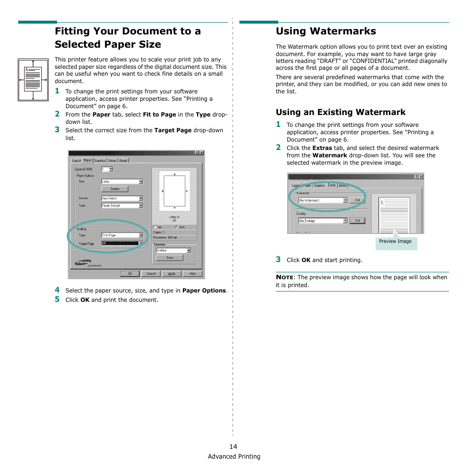 Fitting your document to a selected paper size, Using watermarks, Using an existing watermark | Fitting your document to a selected paper | Samsung ML-1615 User Manual | Page 97 / 110