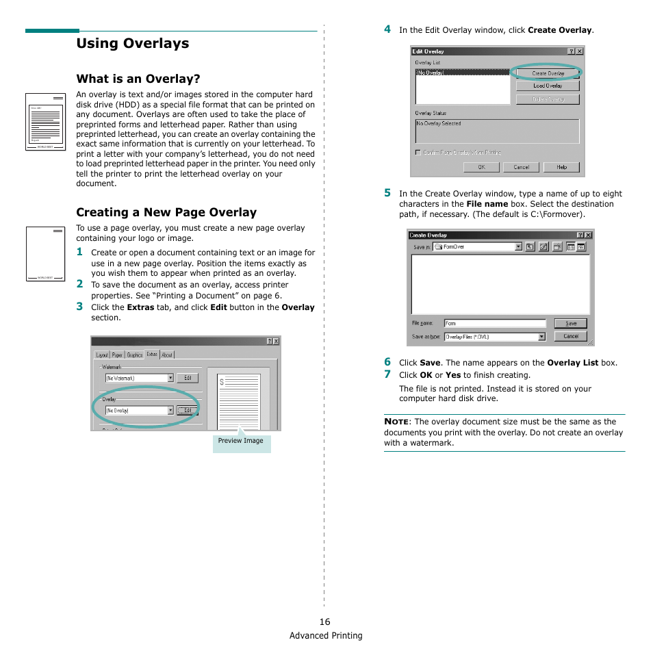 Using overlays, What is an overlay, Creating a new page overlay | Samsung ML-1615 User Manual | Page 99 / 110