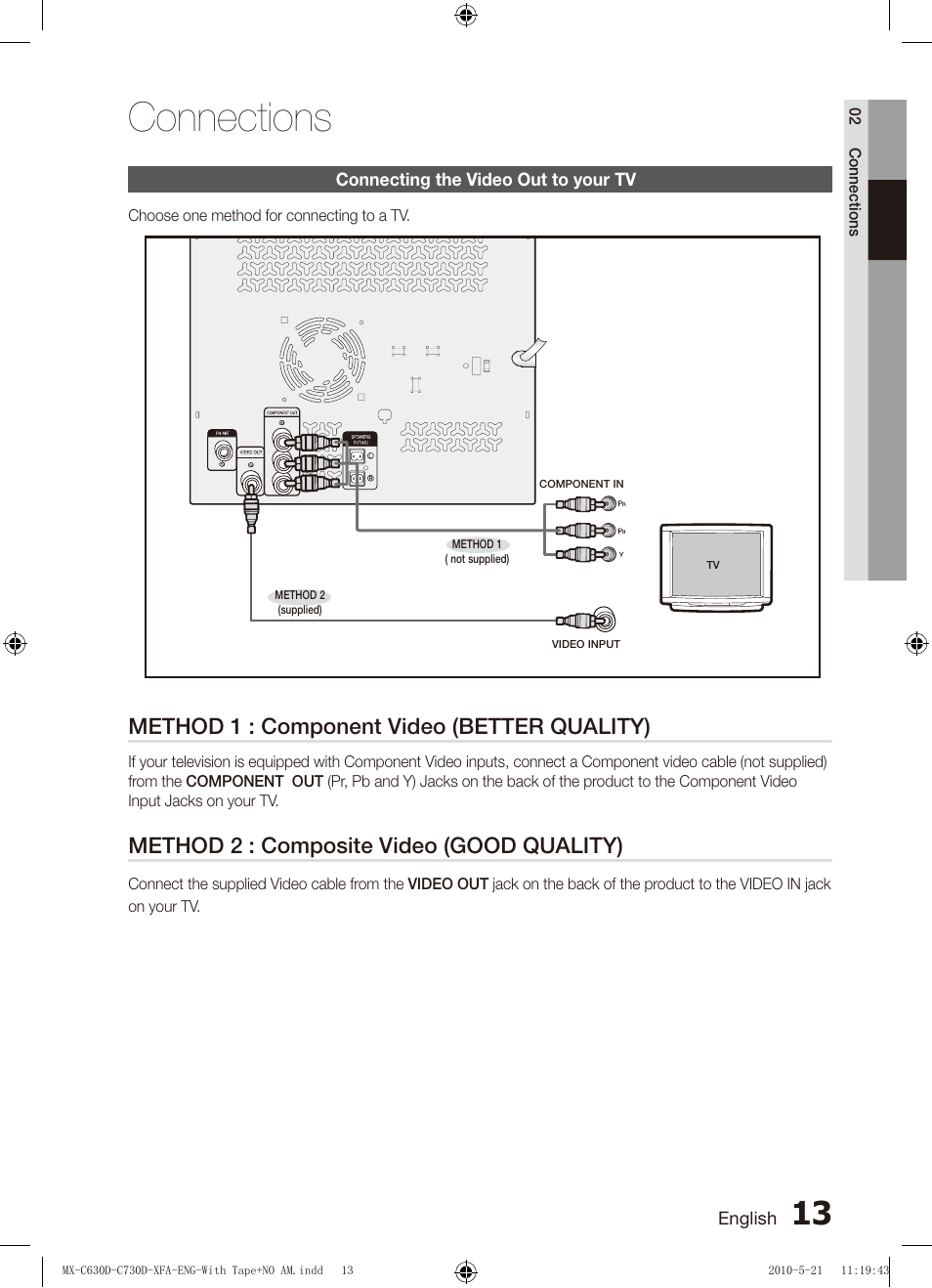 Connecting the video out to your tv, Connections | Samsung AH68-02252K-C630D-C730D-XFA User Manual | Page 13 / 38