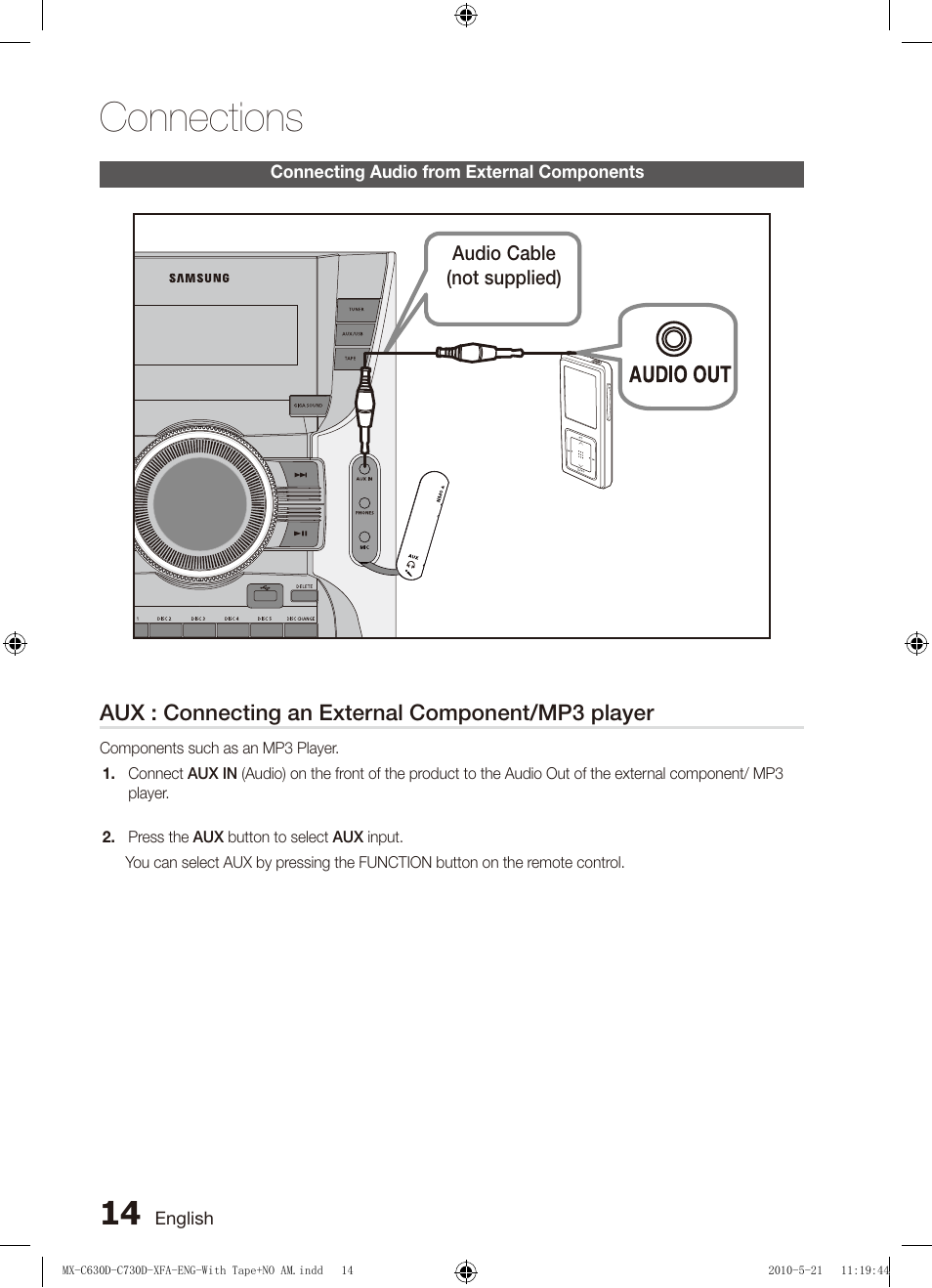 Connecting audio from external components, Connections | Samsung AH68-02252K-C630D-C730D-XFA User Manual | Page 14 / 38