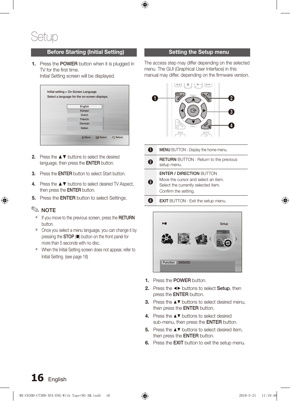 Setup, Before starting (initial setting), Setting the setup menu | Samsung AH68-02252K-C630D-C730D-XFA User Manual | Page 16 / 38