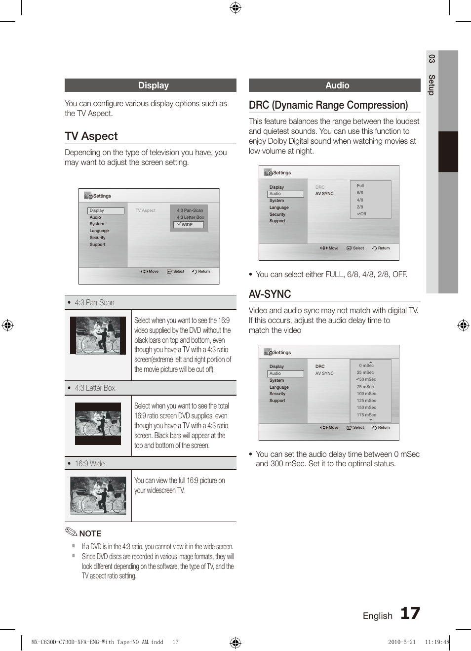 Display, Audio, Tv aspect | Drc (dynamic range compression), Av-sync | Samsung AH68-02252K-C630D-C730D-XFA User Manual | Page 17 / 38