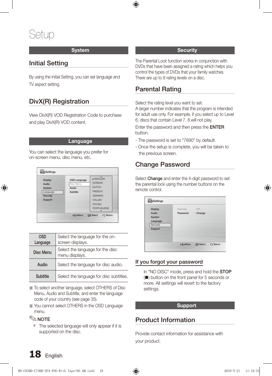 System, Language, Security | Support, Setup, Initial setting, Divx(r) registration, Parental rating, Change password, Product information | Samsung AH68-02252K-C630D-C730D-XFA User Manual | Page 18 / 38