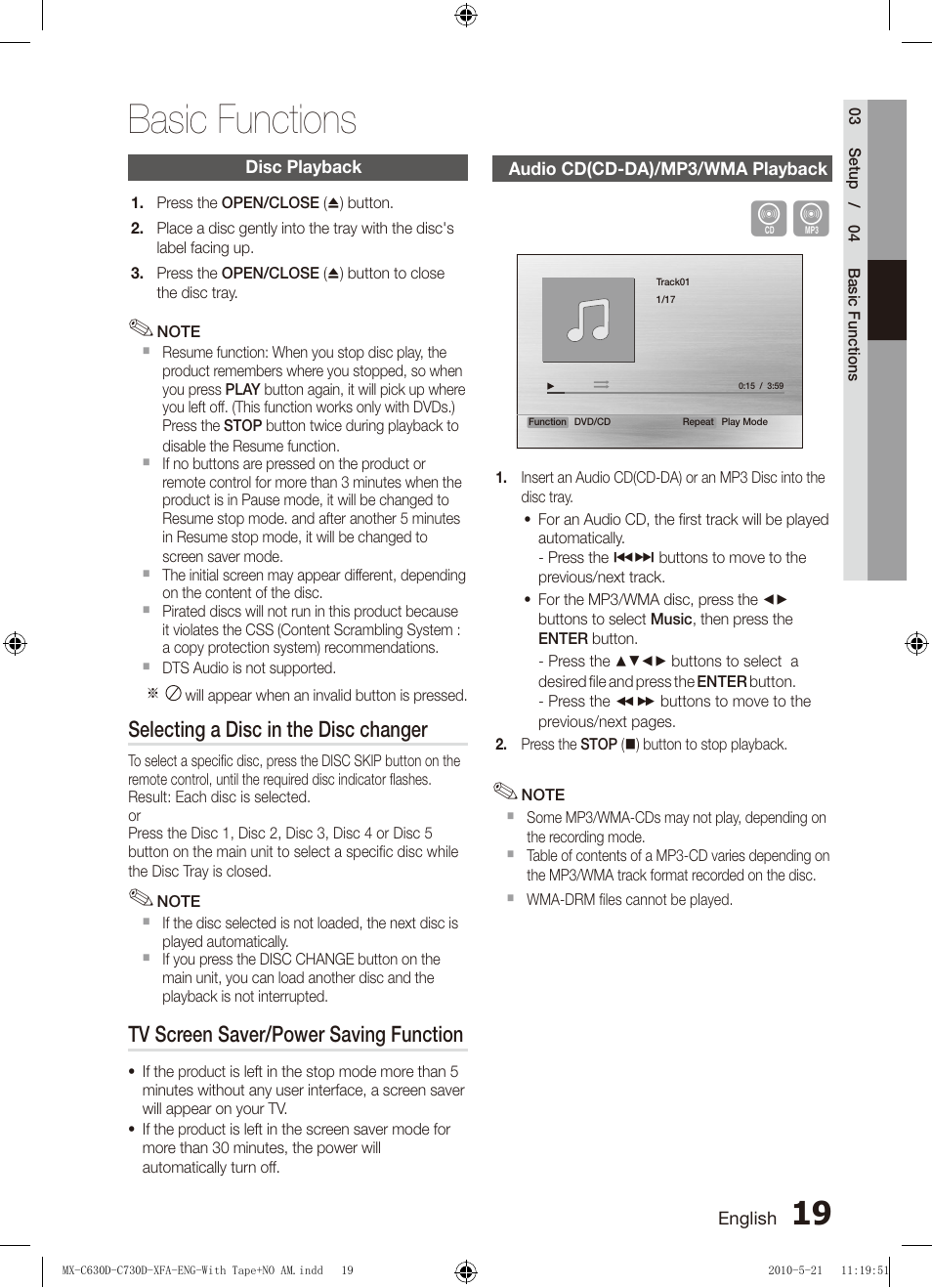 Basic functions, Disc playback, Audio cd(cd-da)/mp3/wma playback | Samsung AH68-02252K-C630D-C730D-XFA User Manual | Page 19 / 38