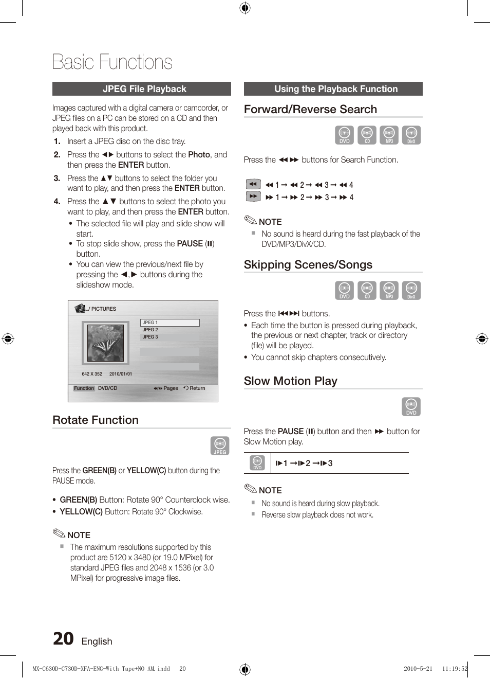 Jpeg file playback, Using the playback function, Forward/reverse search | Slow motion play, Basic functions, Dbad | Samsung AH68-02252K-C630D-C730D-XFA User Manual | Page 20 / 38