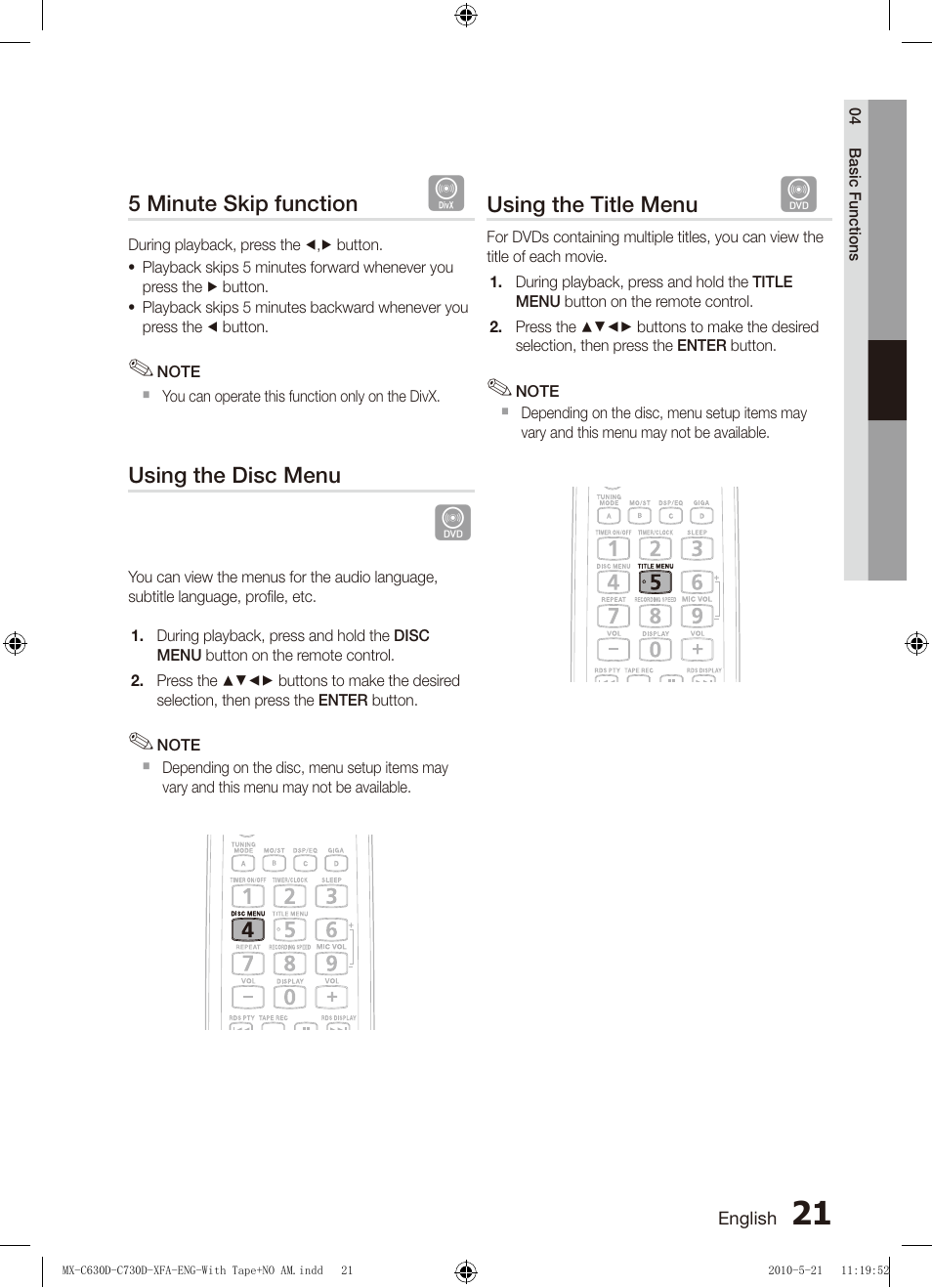 5 minute skip function, Using the disc menu, Using the title menu | Samsung AH68-02252K-C630D-C730D-XFA User Manual | Page 21 / 38