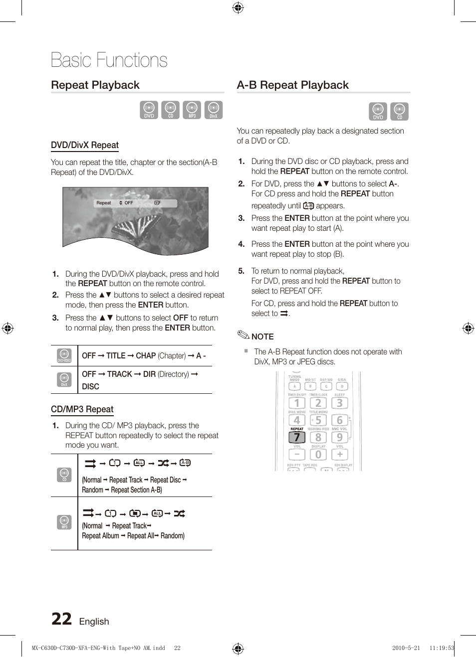 Repeat playback, A-b repeat playback, Basic functions | Dbad | Samsung AH68-02252K-C630D-C730D-XFA User Manual | Page 22 / 38