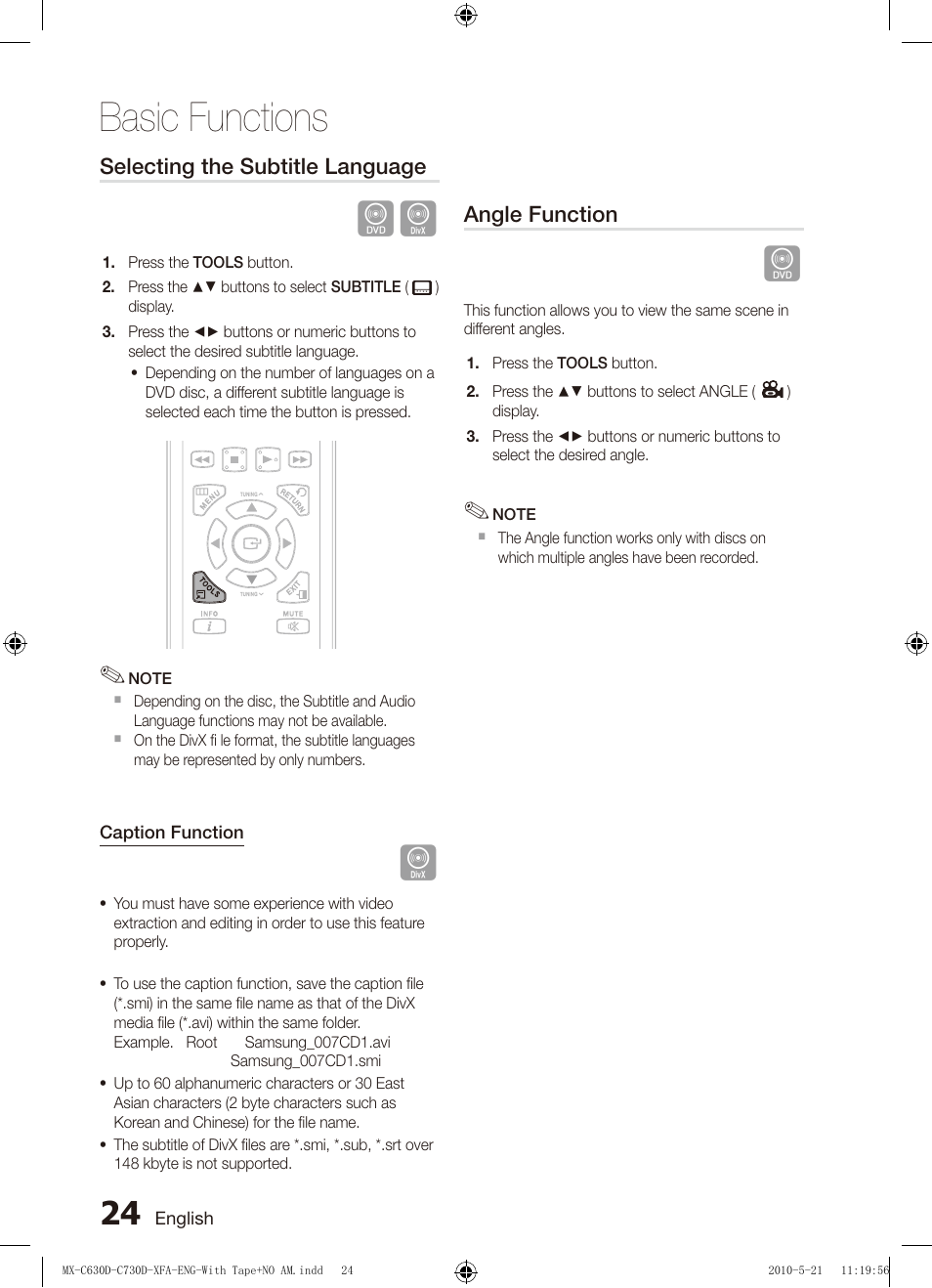 Selecting the subtitle language, Basic functions | Samsung AH68-02252K-C630D-C730D-XFA User Manual | Page 24 / 38