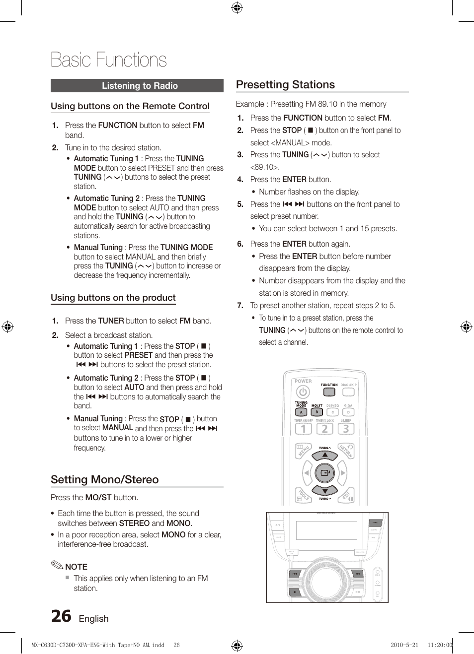 Listening to radio, Using buttons on the remote control, Using buttons on the product | Setting mono/stereo, Presetting stations, Basic functions | Samsung AH68-02252K-C630D-C730D-XFA User Manual | Page 26 / 38