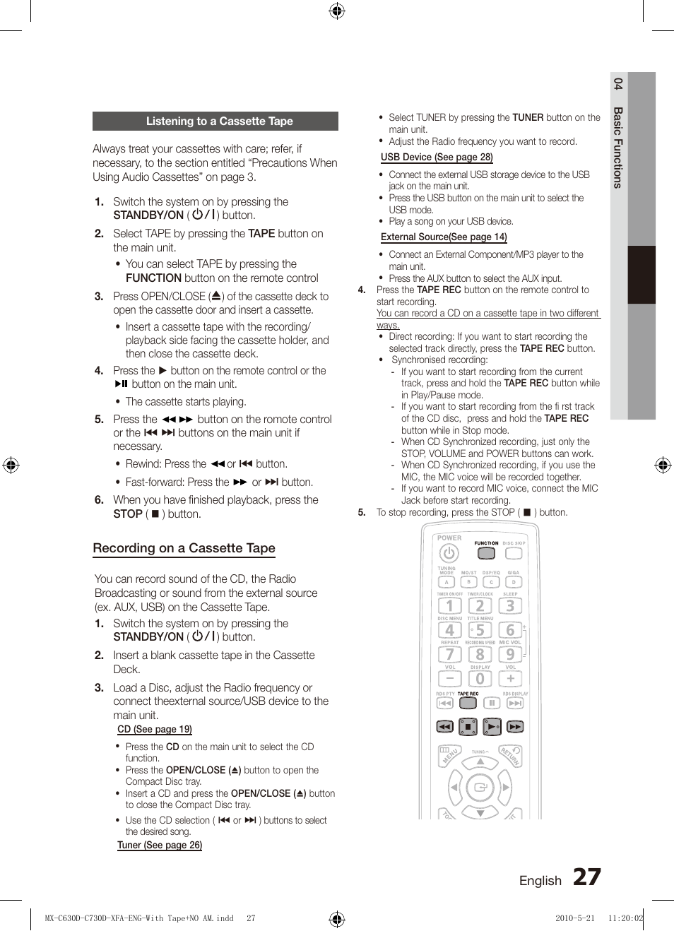 Listening to a cassette tape, Recording on a cassette tape | Samsung AH68-02252K-C630D-C730D-XFA User Manual | Page 27 / 38