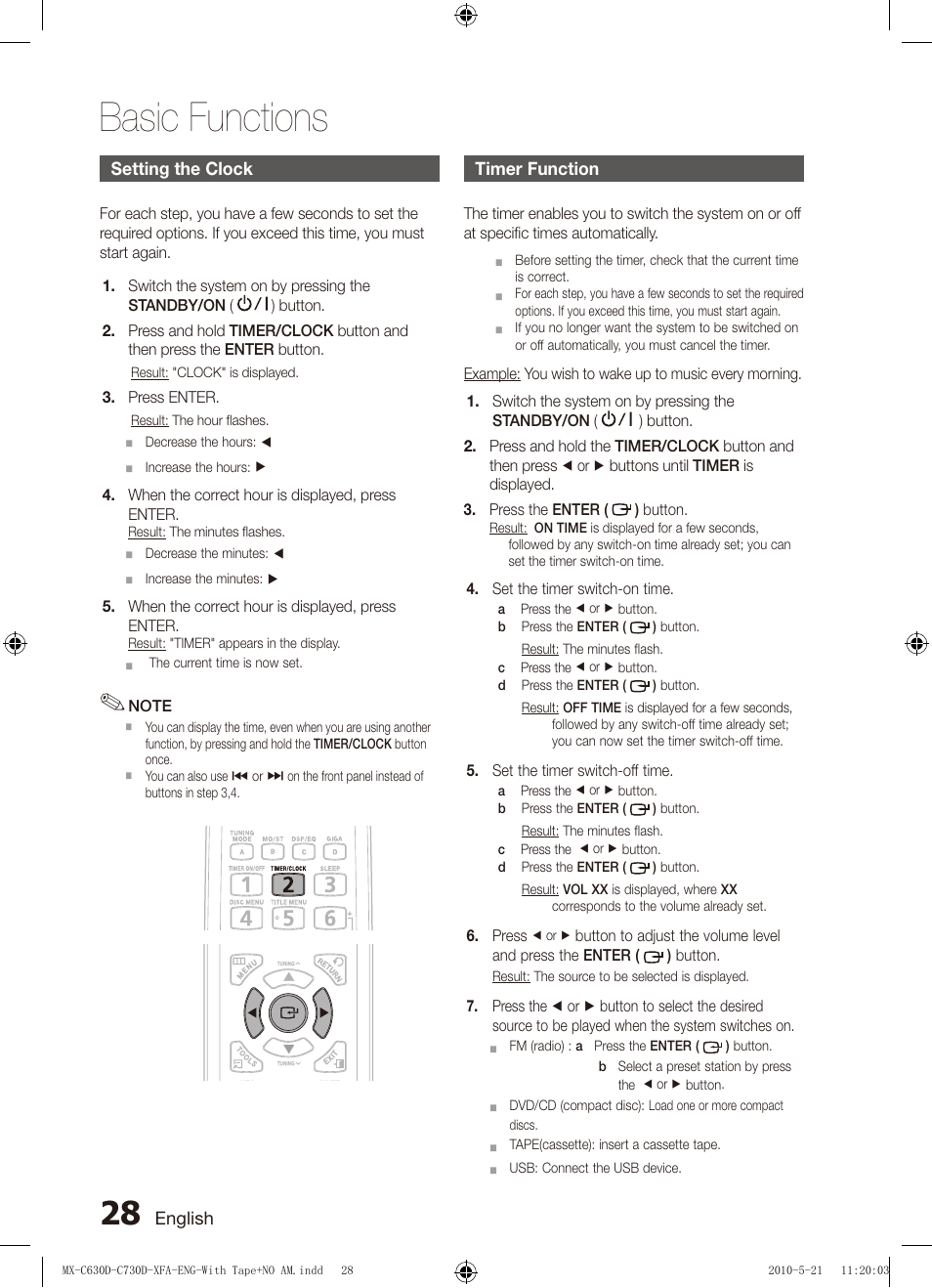 Setting the clock, Timer function, Basic functions | Samsung AH68-02252K-C630D-C730D-XFA User Manual | Page 28 / 38
